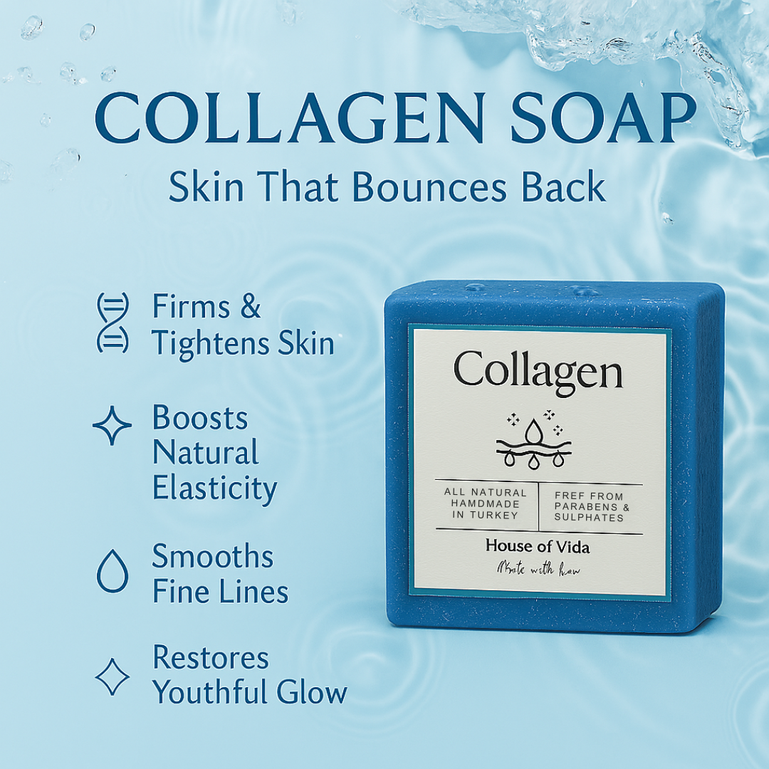 Collagen soap with benefits listed on a blue background