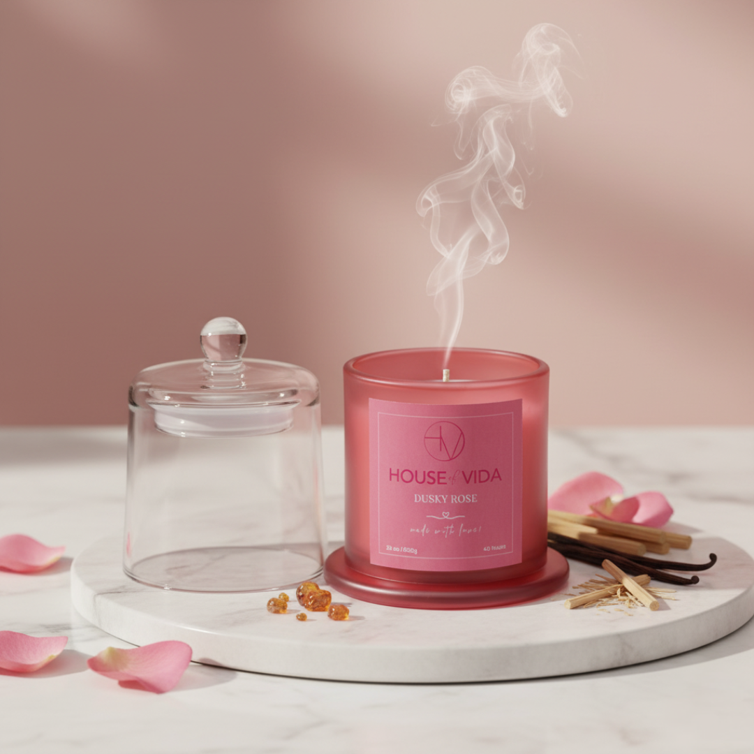 Dusky Rose Glass Cover Candle | Luxury Floral Soy Wax Candle