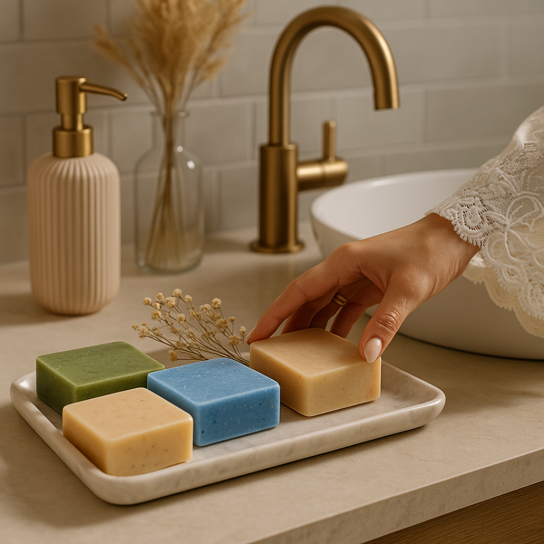 Hand reaching for a bar of soap on a tray with a sink and gold faucet in the background.