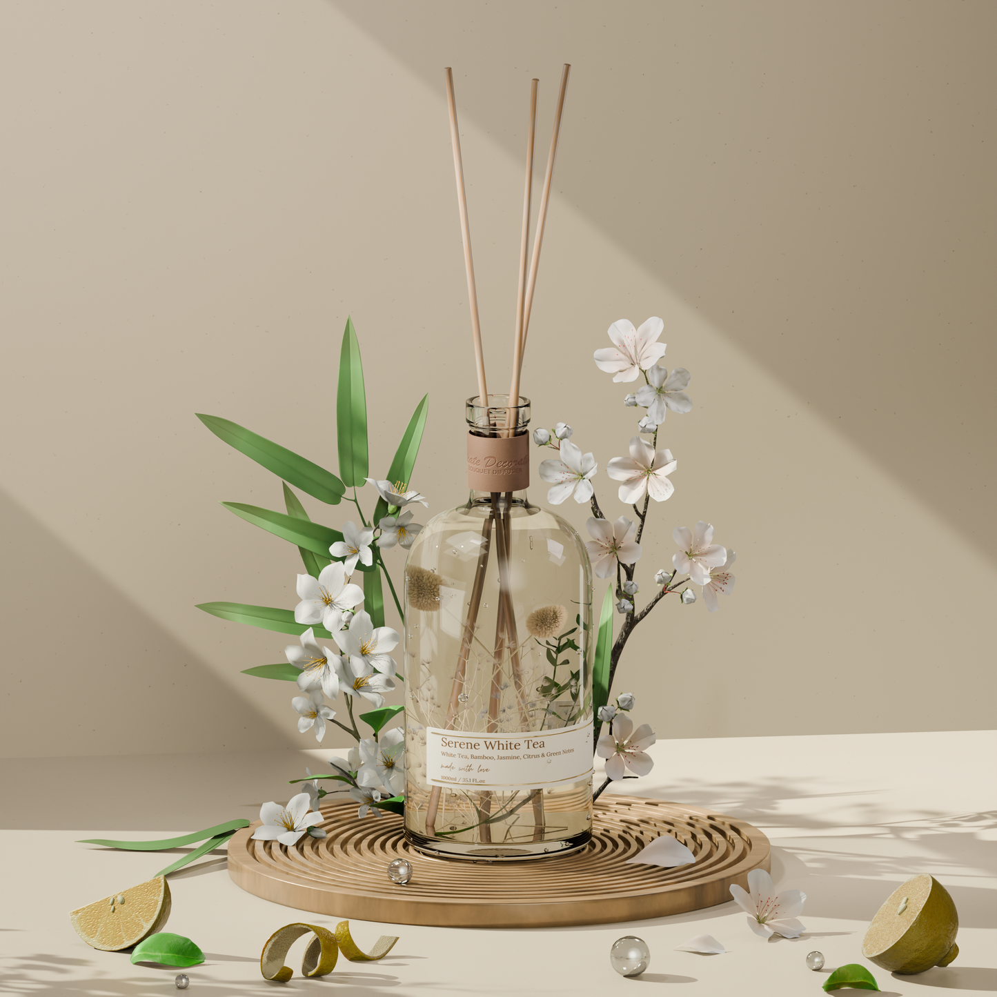 Diffuser bottle with floral elements on a neutral background
