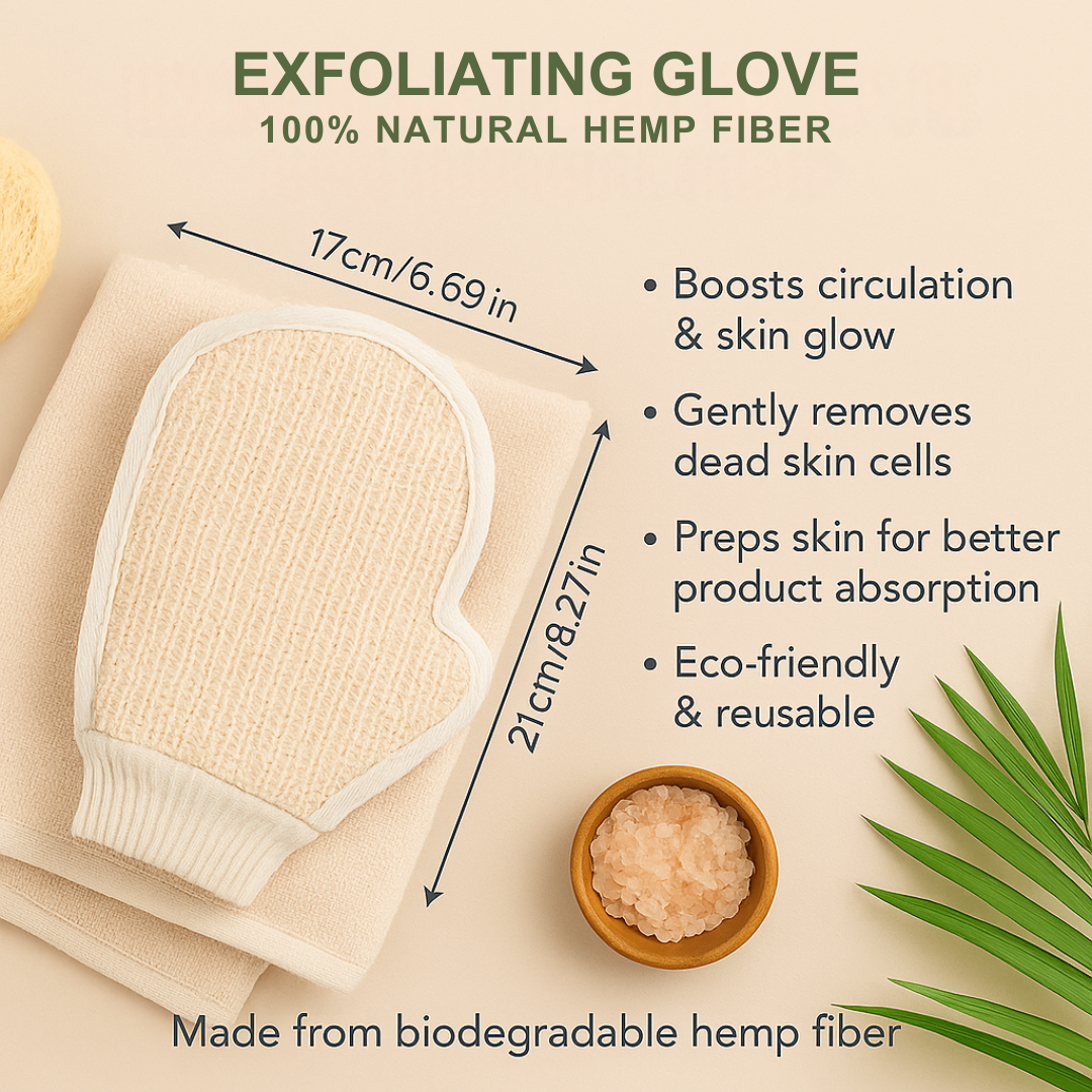Exfoliating glove with natural hemp fiber, measurements, and benefits on a beige background.
