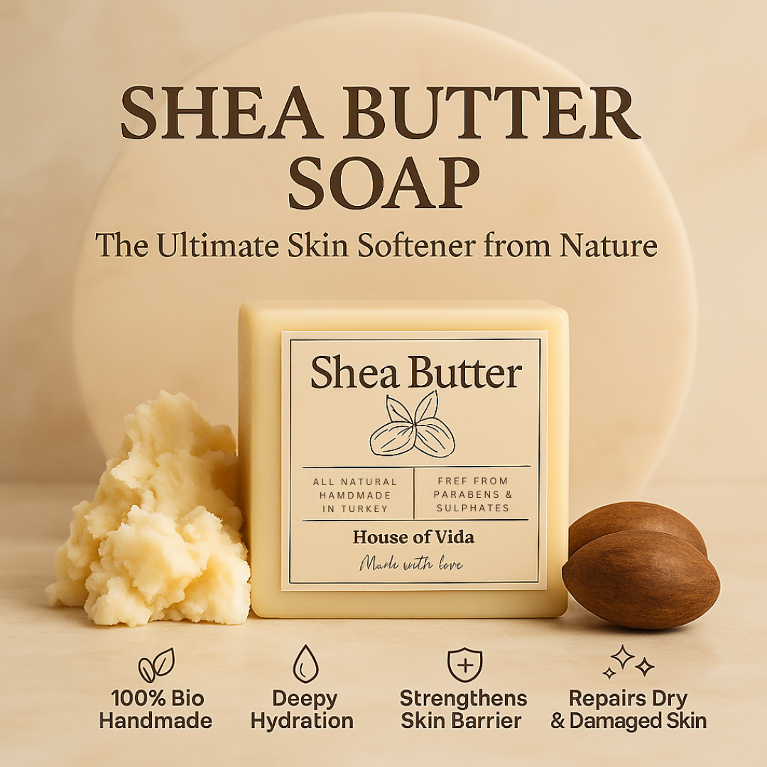 Shea Butter Soap with packaging featuring 'House of Vida' on a beige background.