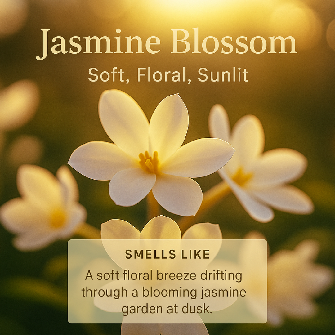 Close-up of white jasmine blossoms with a soft, floral, sunlit background.