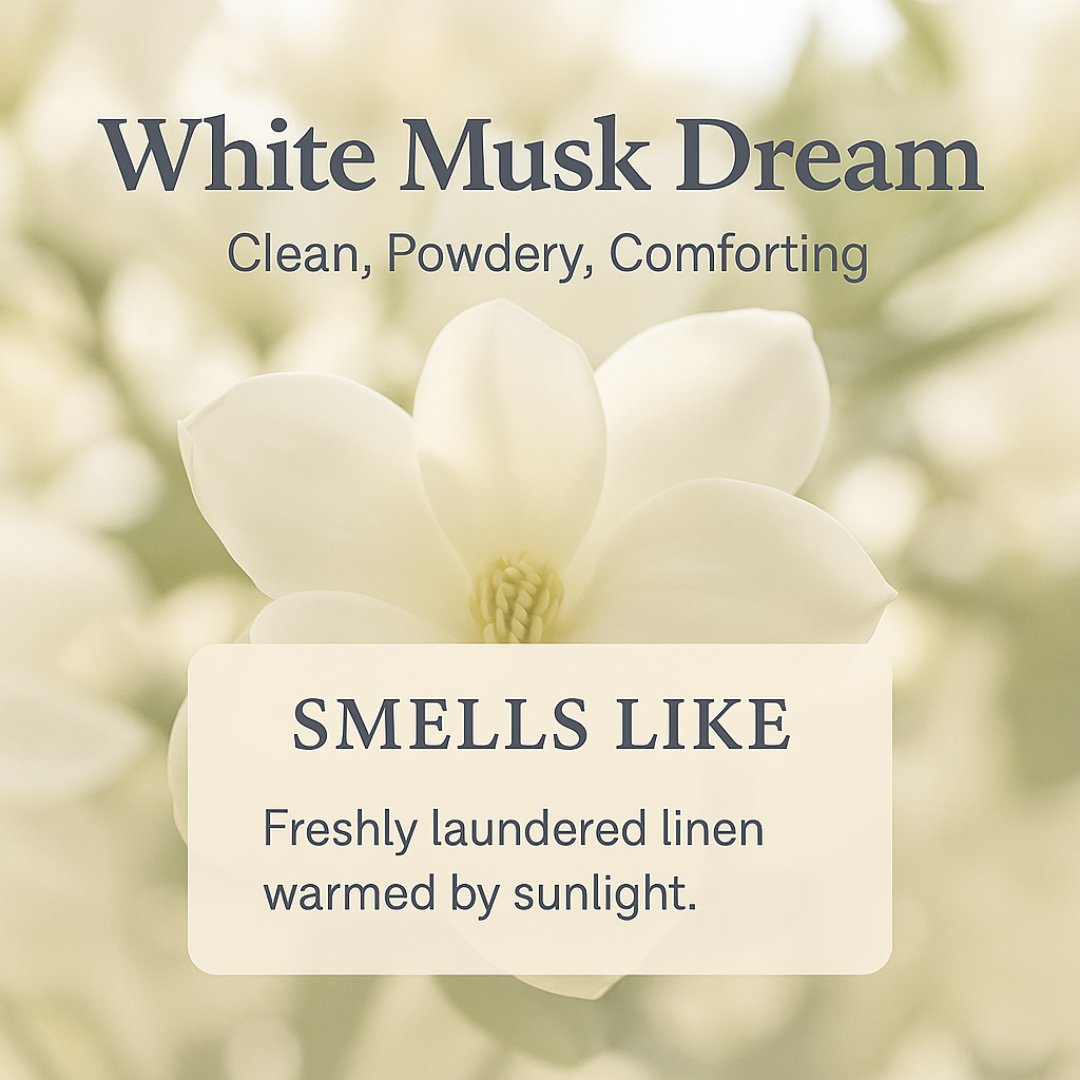 Floral design with text describing the scent 'White Musk Dream' as clean, powdery, and comforting.