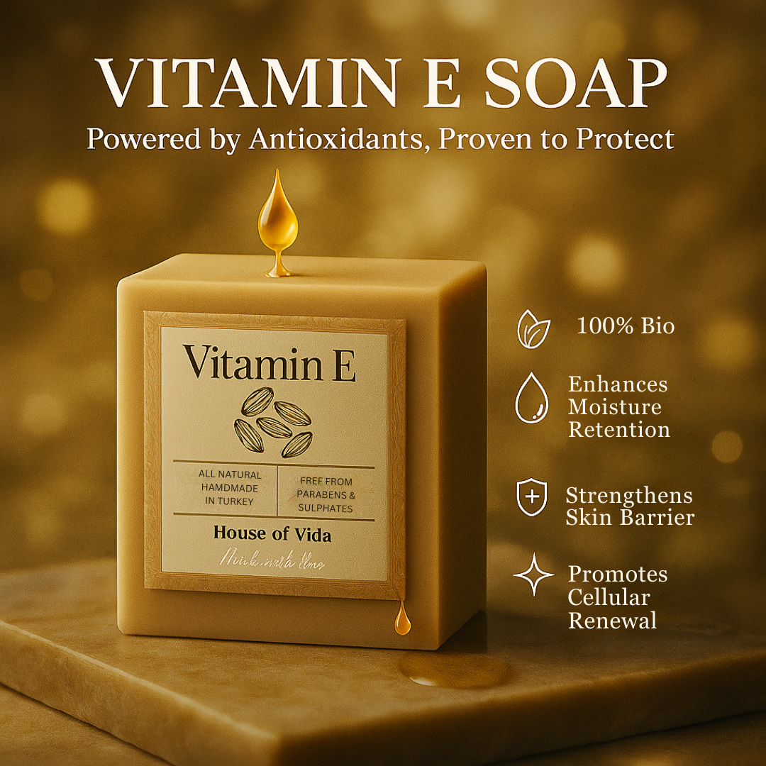 Vitamin E soap with label and benefits on a warm background