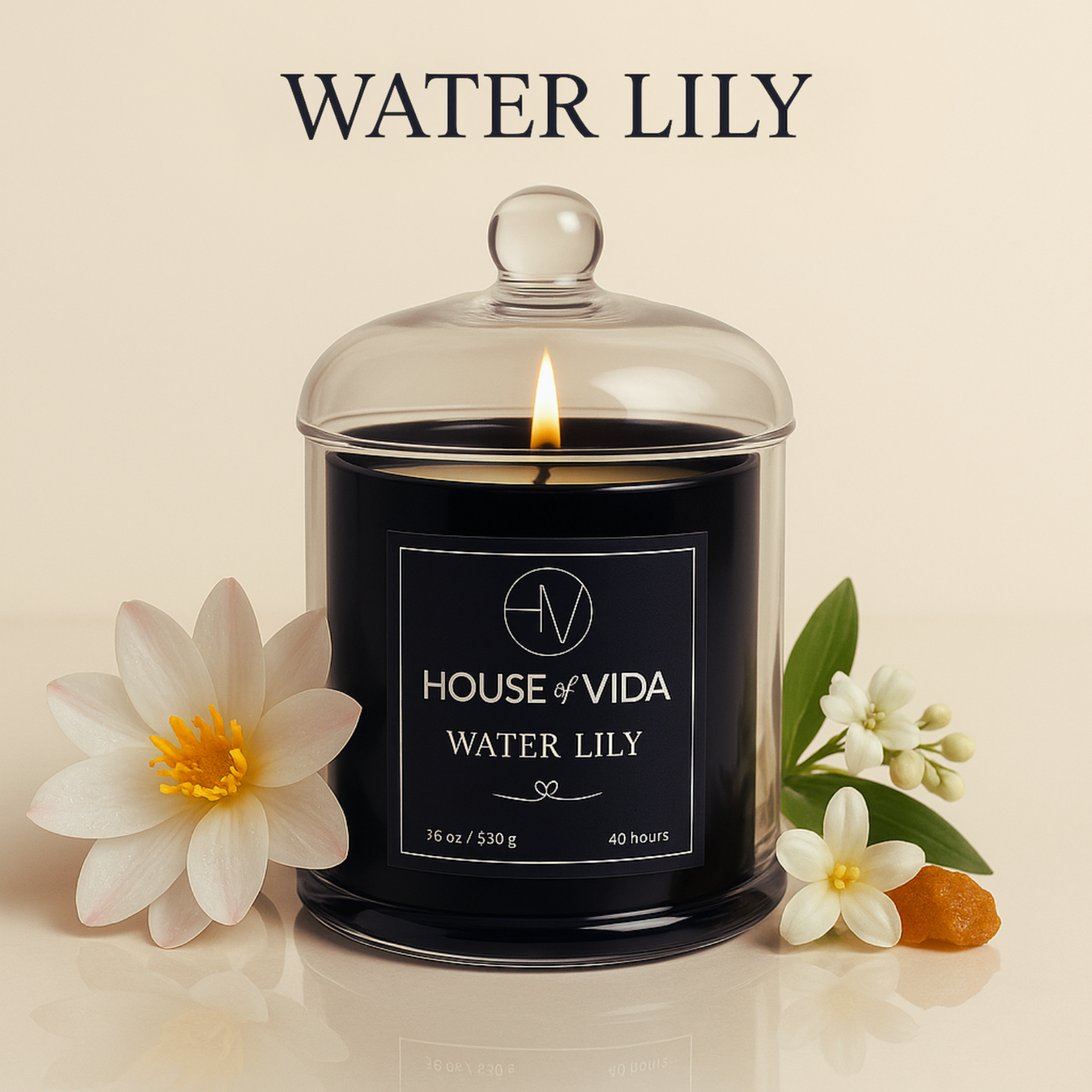 Water Lily Black Glass Cover Candle | A Refreshing Scent for a Serene Ambience