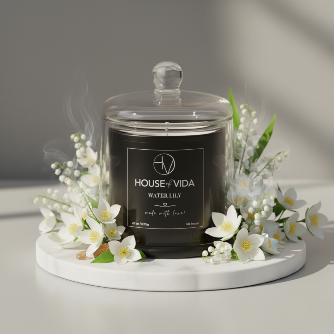 Water Lily Black Glass Cover Candle | A Refreshing Scent for a Serene Ambience