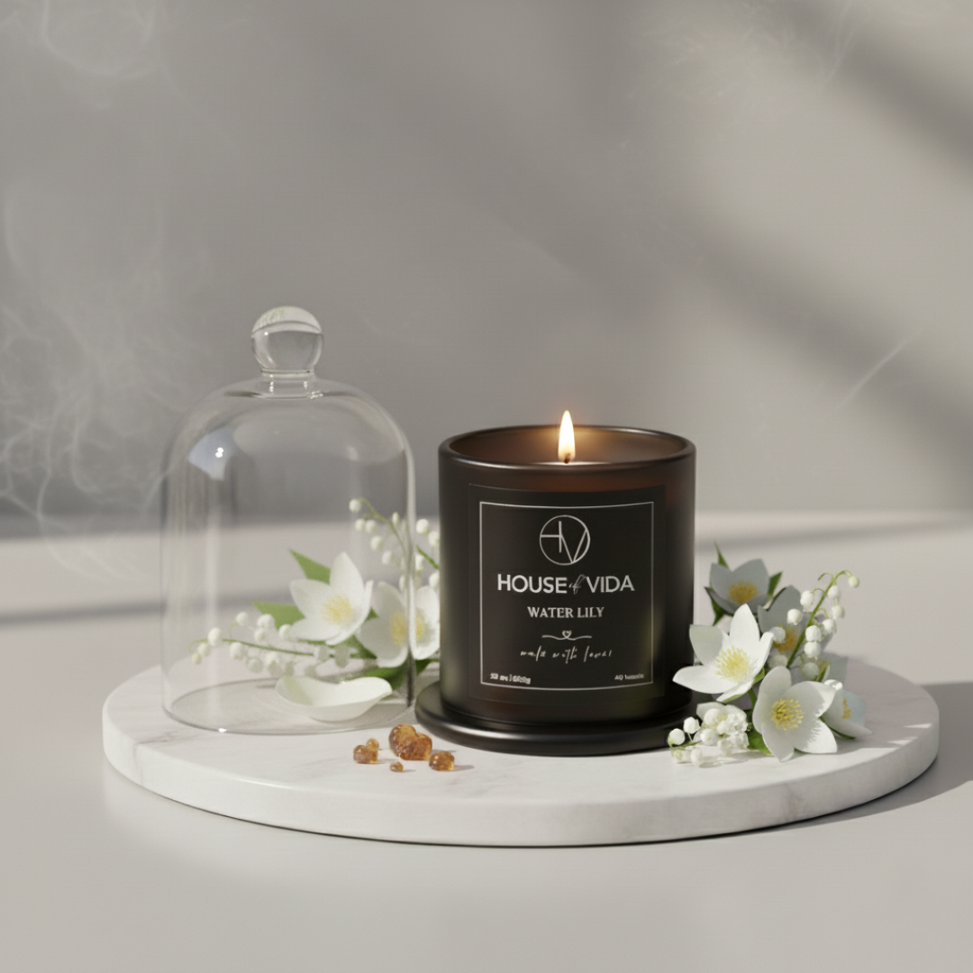 Water Lily Black Glass Cover Candle | A Refreshing Scent for a Serene Ambience