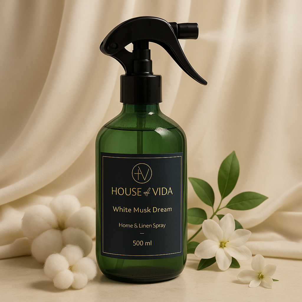A green glass bottle of 'White Musk Dream - Luxe Home & Linen Spray' with a black spray nozzle. The bottle is labeled and contains 500ml of the fragrance.