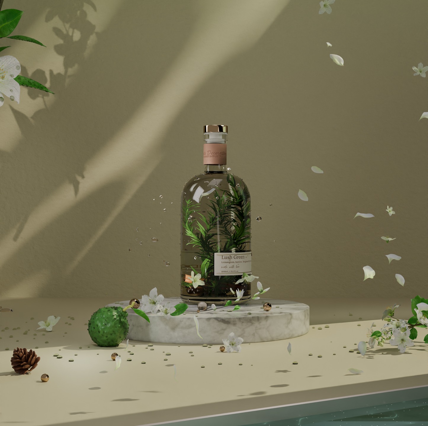 Lush Green Reed Diffuser – 1L bottle surrounded by white blossoms, green botanicals, and lime on a wooden tray, styled in a sunlit, elegant setting.