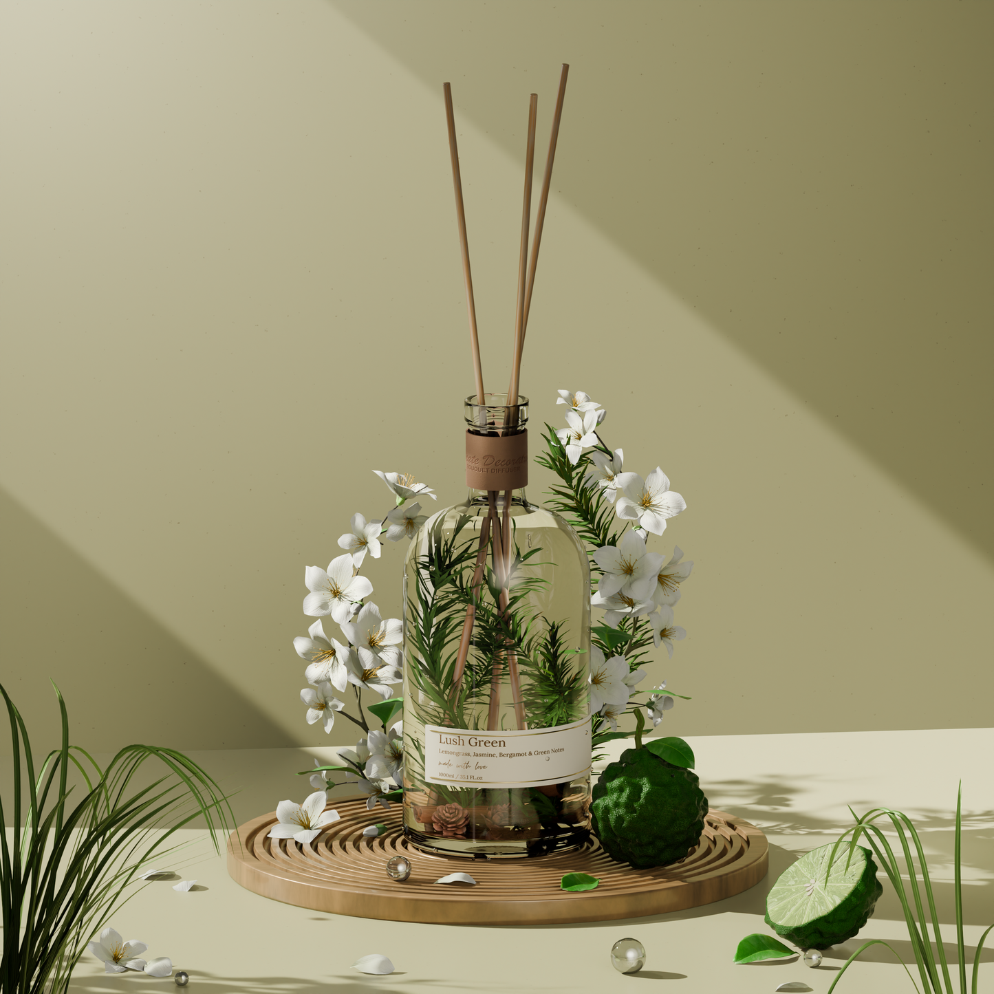 A reed diffuser with floral and greenery elements on a wooden stand against a beige background.