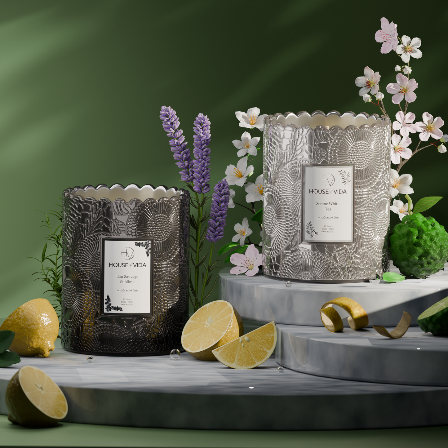Serene Bloom Collection - Serene White Tea & Eau Sauvage Sublime | Luxury Scented Candles Duo