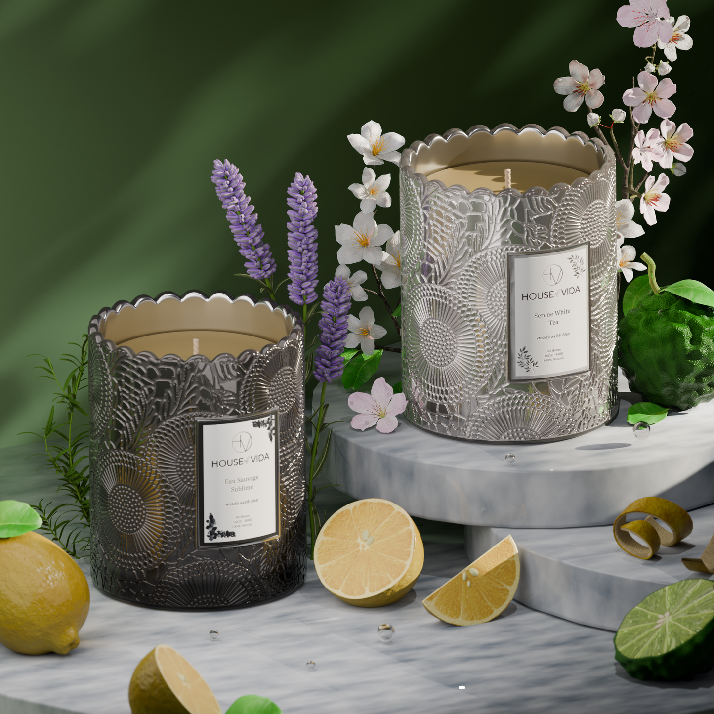 Serene Bloom Collection - Serene White Tea & Eau Sauvage Sublime | Luxury Scented Candles Duo