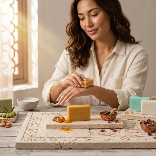 Turmeric soap benefits for dull-looking skin featuring natural handmade turmeric soap by House of Vida UAE