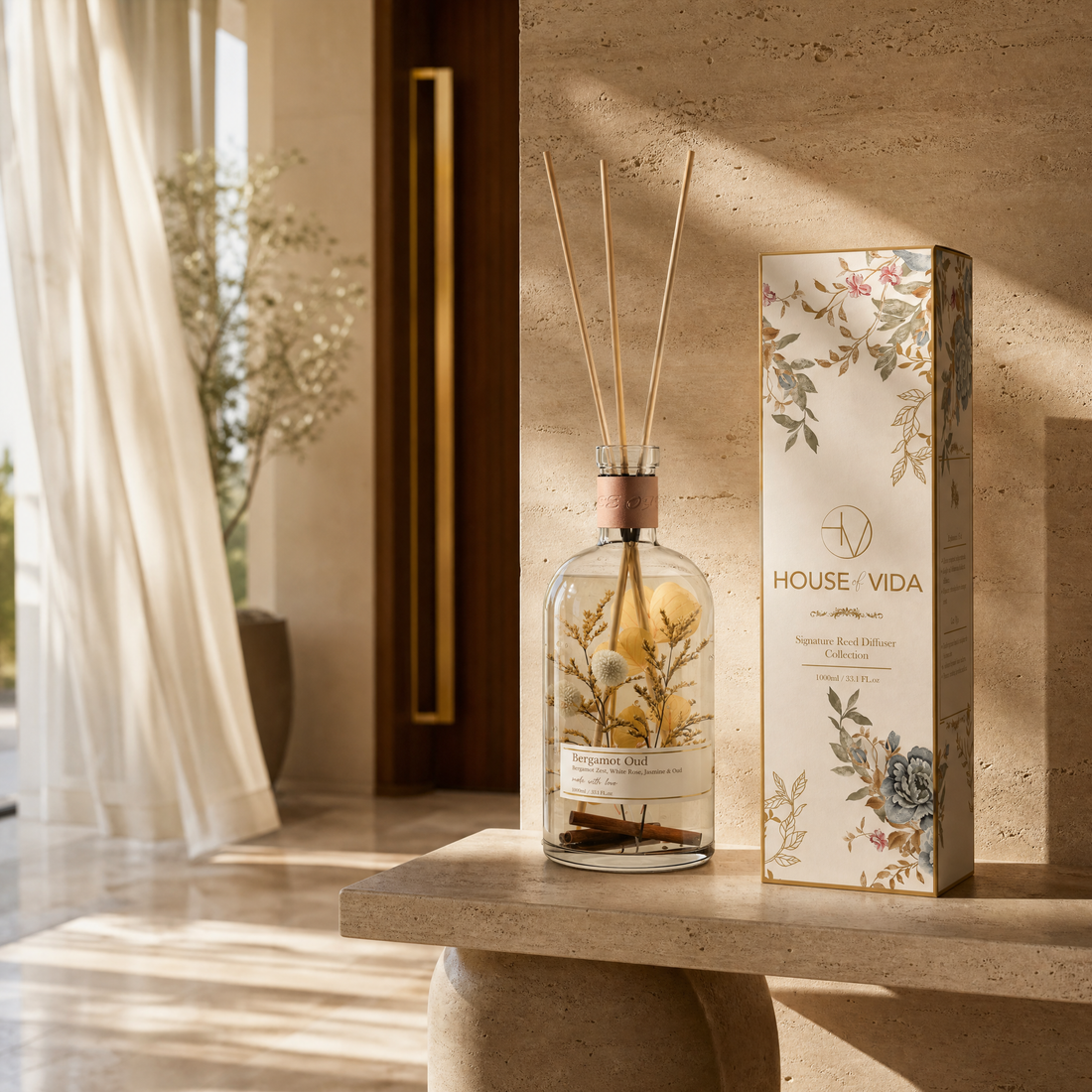 Luxury House of Vida reed diffuser styled in an elegant UAE home interior