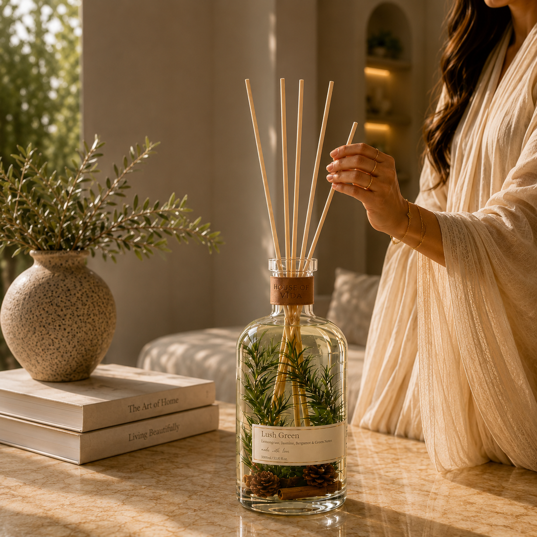 Large luxury reed diffuser styled in an elegant modern UAE home interior