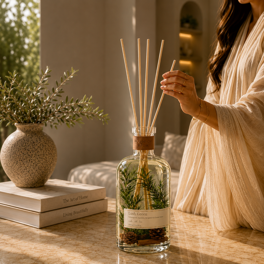 Large luxury reed diffuser styled in an elegant modern UAE home interior