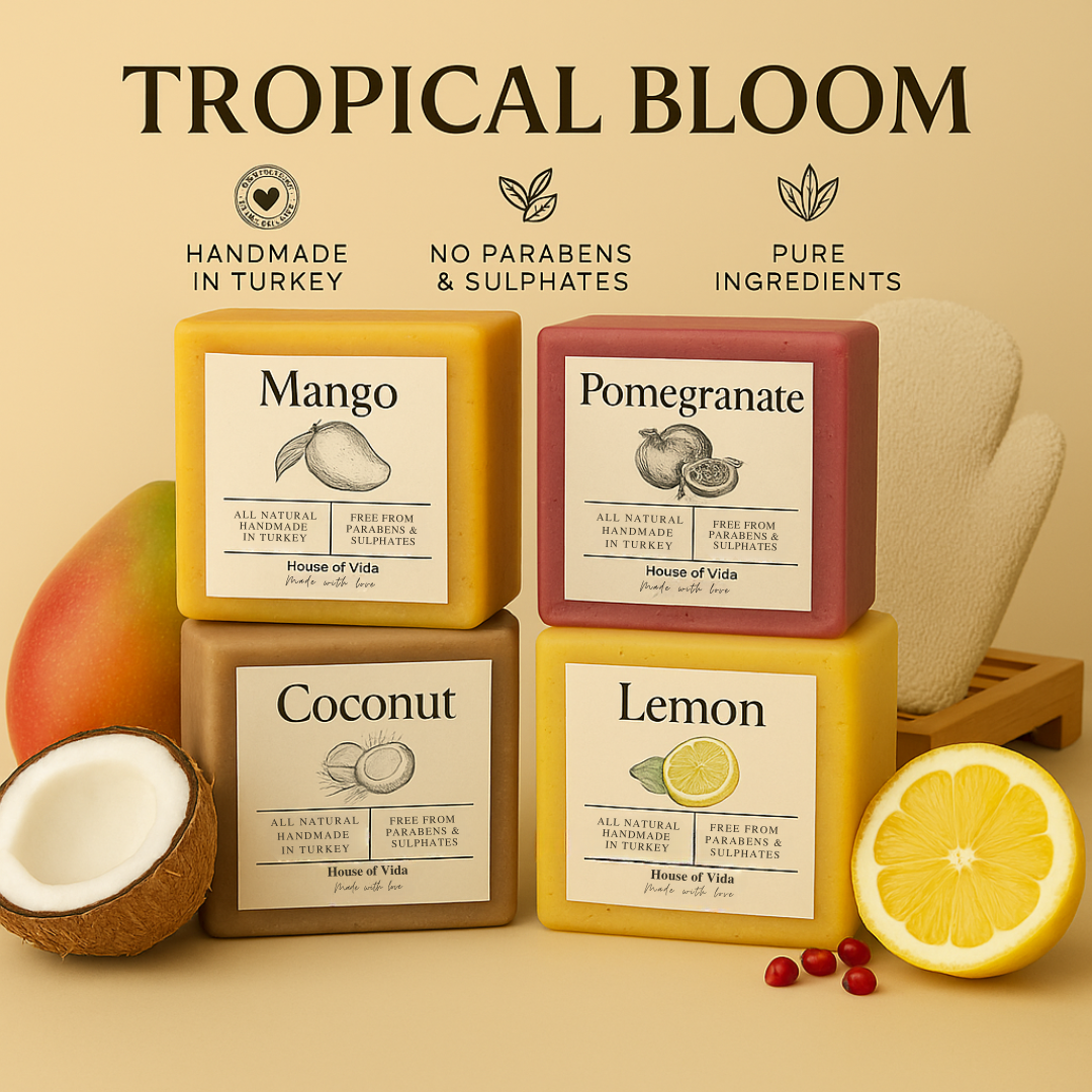 Four soap bars with labels for Mango, Pomegranate, Coconut, and Lemon on a beige background.