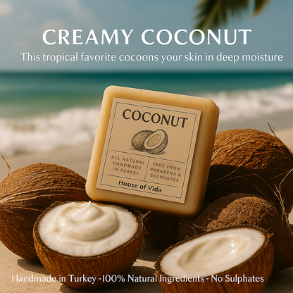 Coconut soap bar with a tropical beach background
