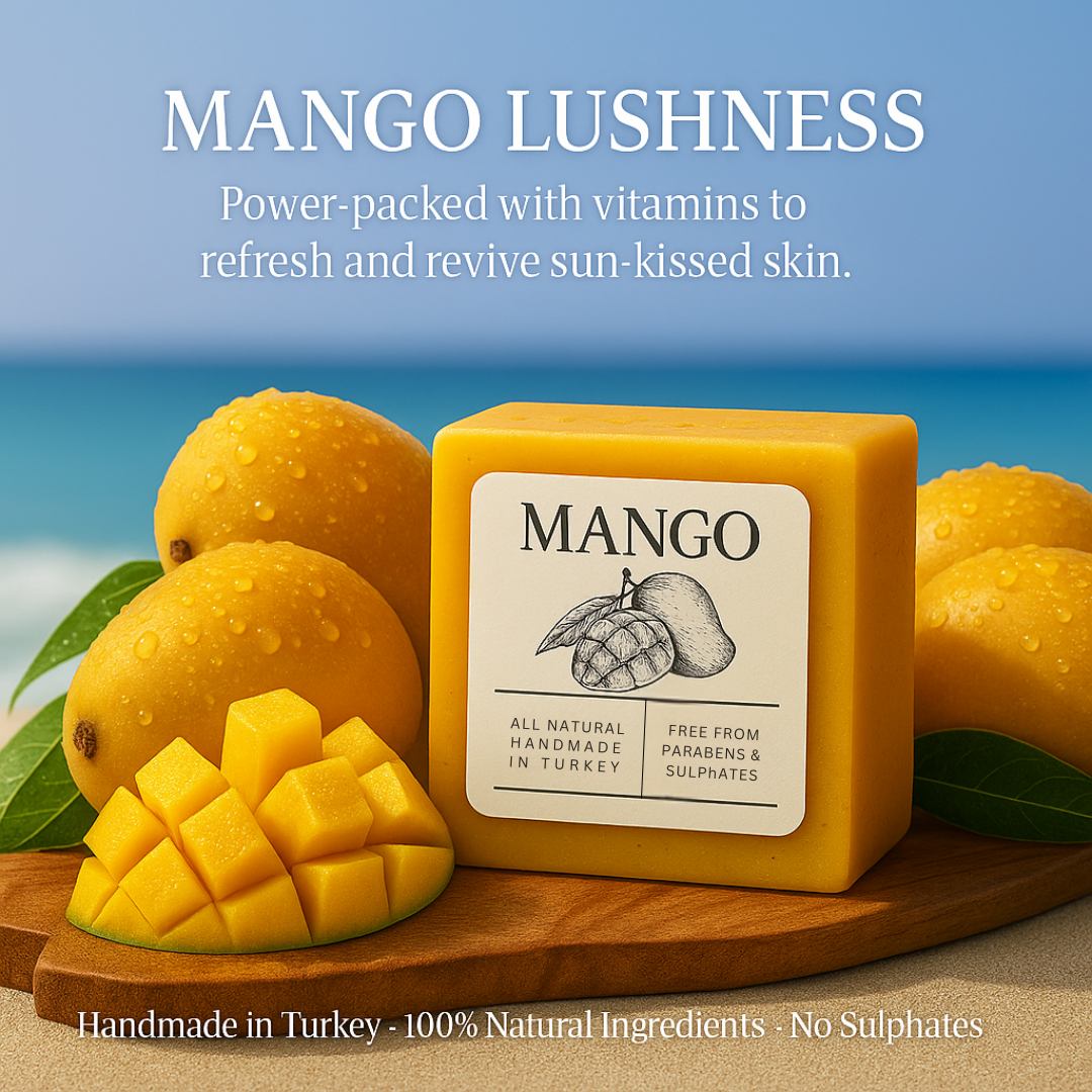 Yellow soap bar with mangoes and text about mango lushness and natural ingredients.