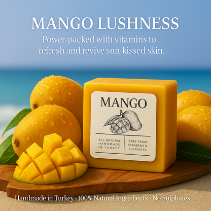Yellow soap bar with mangoes and text about mango lushness and natural ingredients.