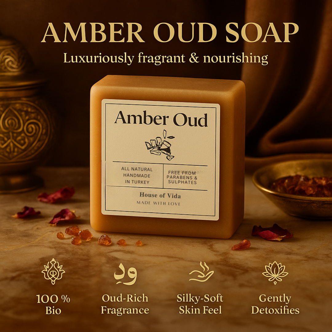 Amber Oud soap bar with packaging on a warm-toned background