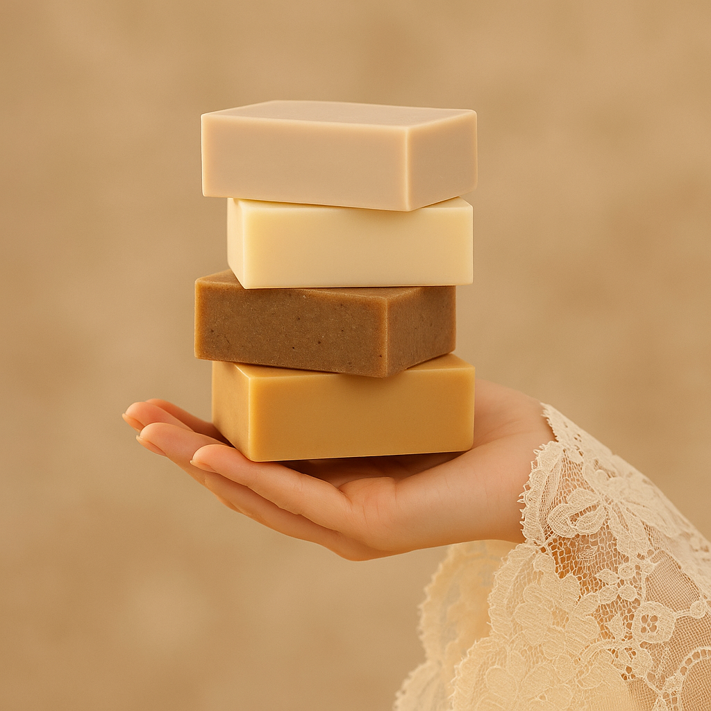 Stack of four soap bars held in a hand against a beige background