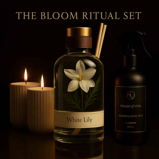 The Bloom Ritual Set - Floral Reverie Ceramic Collection + Gardenia Vanilla Mist + White Lily Reed Diffuser Bundle