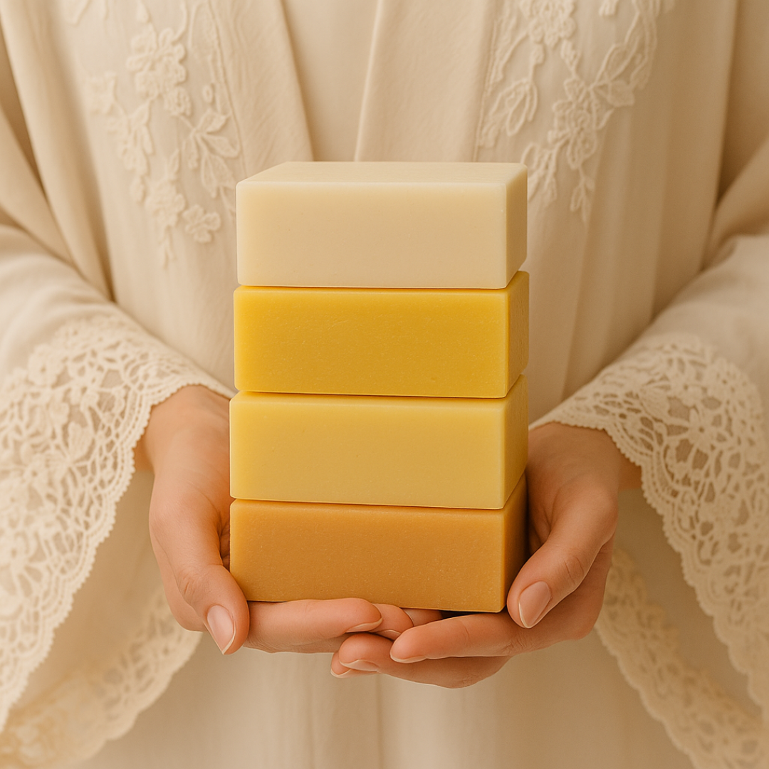 Stack of yellow soap bars held by hands wearing a lace garment.