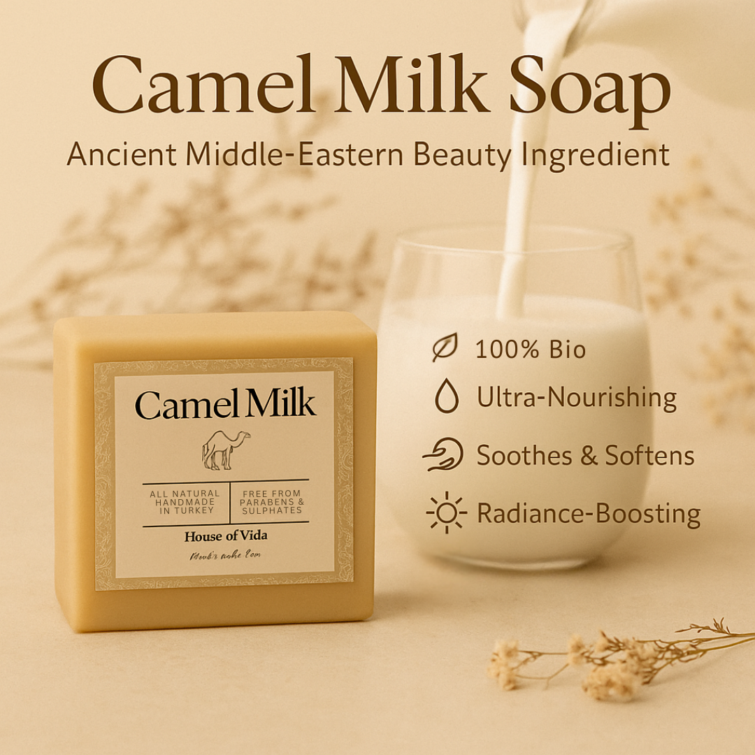 Camel Milk Soap with a glass of milk and decorative elements on a beige background