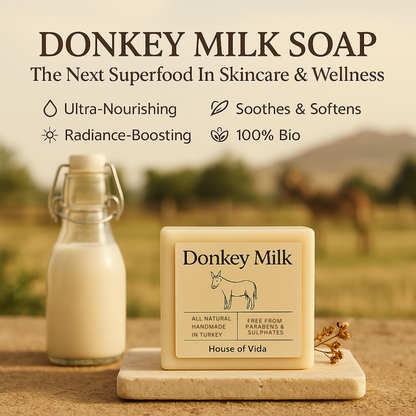 Donkey milk soap with a bottle of donkey milk on a blurred background of donkeys.