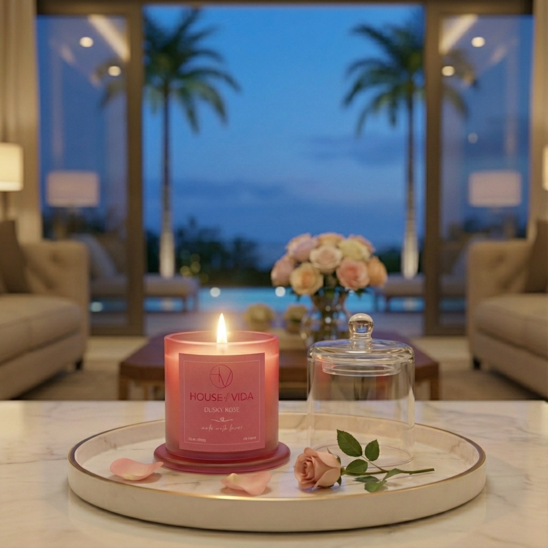 Dusky Rose Glass Cover Candle | Luxury Floral Soy Wax Candle