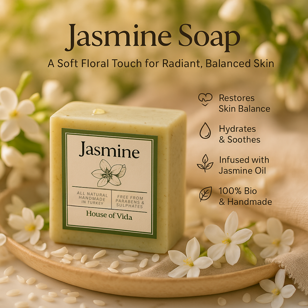 Jasmine soap bar with a label on a wooden tray surrounded by jasmine flowers.