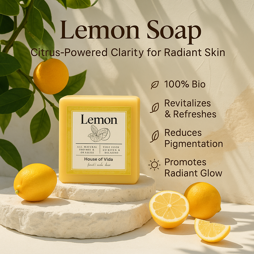 Yellow lemon soap bar with lemons and text on a light background