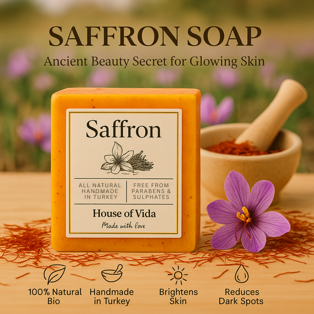 Saffron soap bar with packaging featuring saffron flower and mortar and pestle on a blurred natural background.