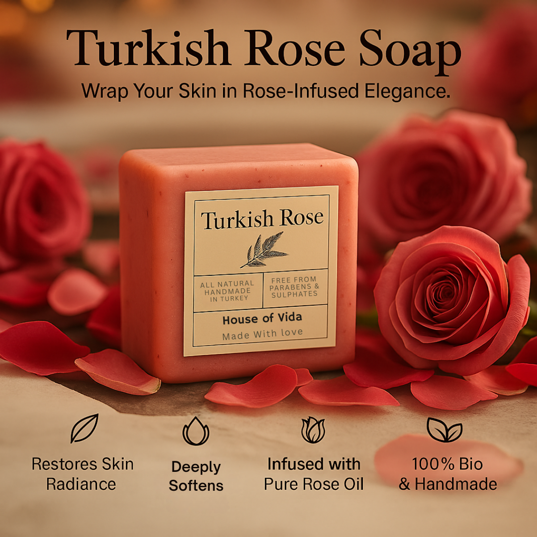 Turkish Rose Soap with rose petals and roses on a wooden surface