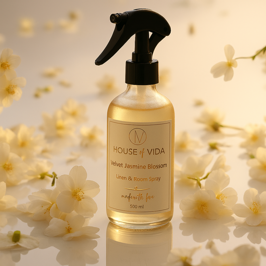 Velvet Jasmine Blossom Home & Linen Spray – 500ML bottle with jasmine petals, creamy florals, and musk. Elegant, minimalist design.
