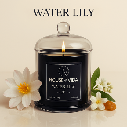 Water Lily Black Glass Cover Candle | A Refreshing Scent for a Serene Ambience