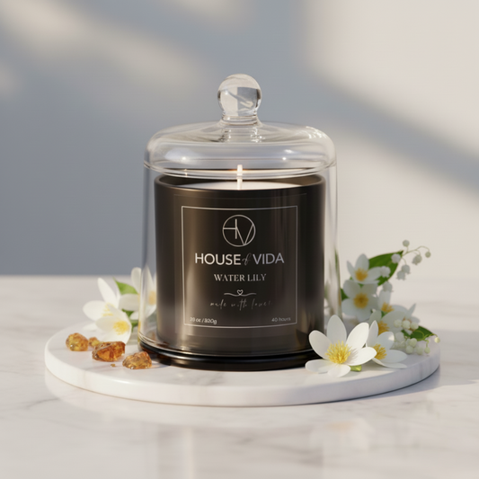 Water Lily Black Glass Cover Candle | A Refreshing Scent for a Serene Ambience