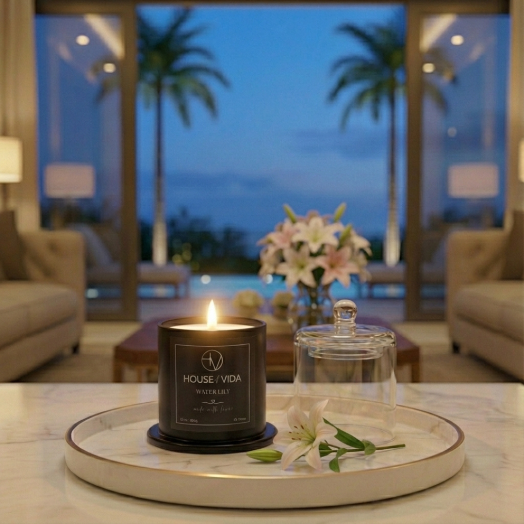 Water Lily Black Glass Cover Candle | A Refreshing Scent for a Serene Ambience