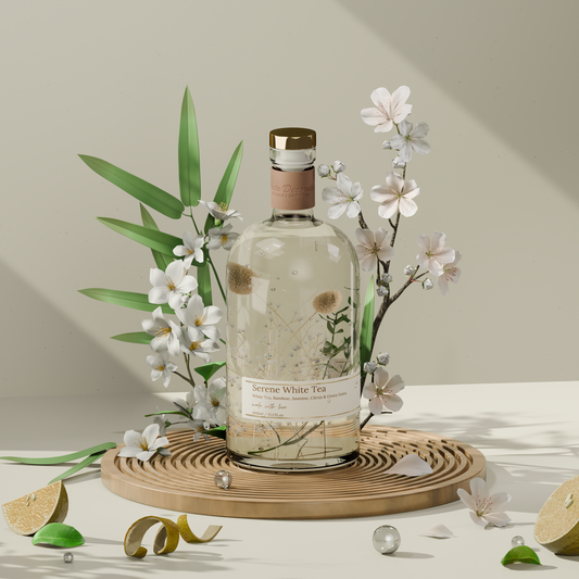 Serene White Tea & Bamboo Reed Diffuser – 1L bottle styled with white tea leaves, bamboo accents, and soft florals in a calming, spa-like setting.