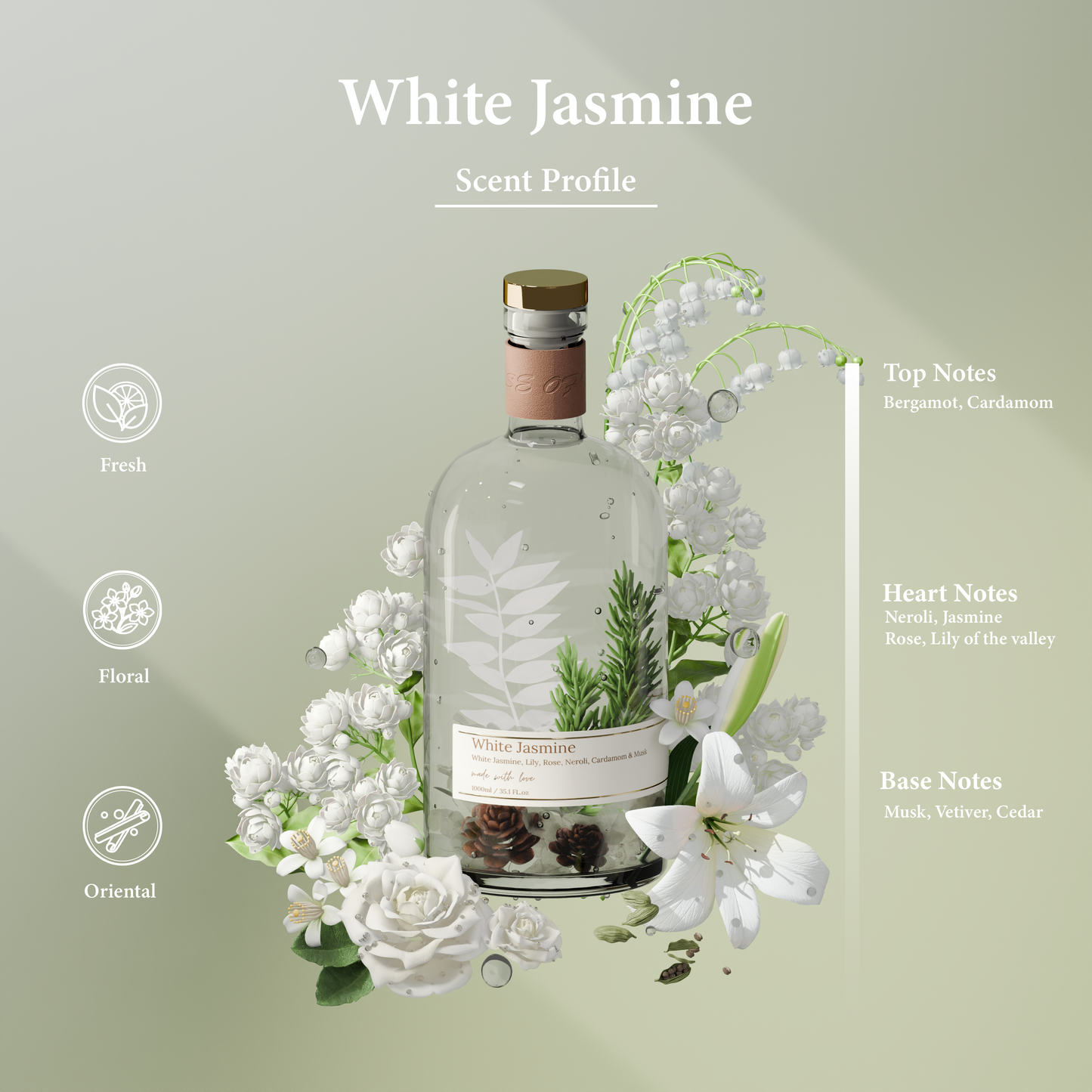 موزّع عطر الياسمين الأبيض بالعِيدان – 1 لتر