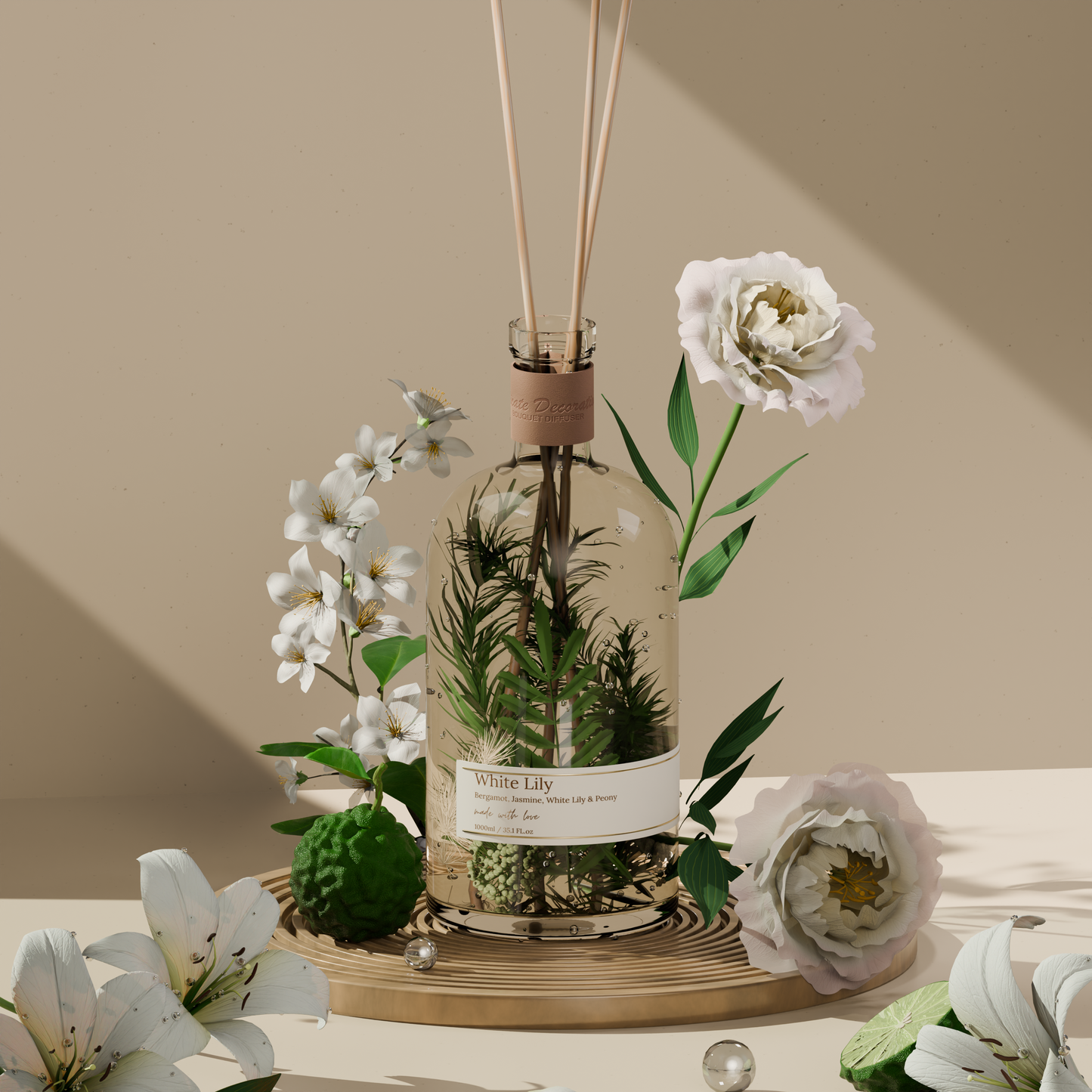 Decorative diffuser with flowers on a neutral background